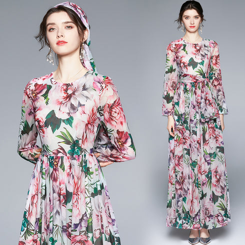 Luxury Designer Enchanting Floral Chiffon Vintage Long Sleeves Holiday, Party, Cocktail Floor Length Maxi Dress